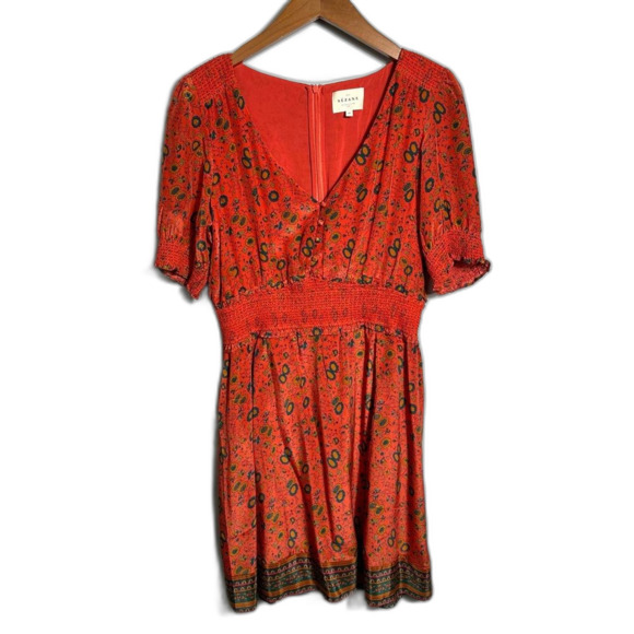Sezane Sixtine Orange Floral Silk Boho Smocked Mini Dress European Size 40 - Picture 3 of 16